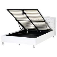 cama con almacenaje de piel sintetica blanco plateado negro 140 x 200 cm cabecero botones metz