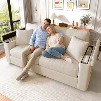 Sofá De 2 Plazas Con Almacenamiento Integrado En Los Reposabrazos Y Bolsillos Laterales, 2 Cojines - Tejido De Chenilla - 180 X 81,5 X 84 Cm - Beige