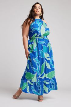 Yours London Vestido Azul Estampado Cuello Halter, Mujer Curvy Y Tallas Grandes, Yours London
