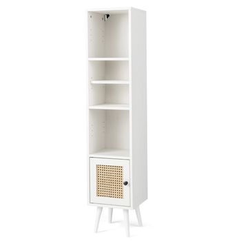 Costway Gabinete de Almacenamiento de Ratán Armario Delgado Independiente con Puerta Estante Ajustable para Sala de Estar 29,5 x 29,5 x 137 cm Blanco