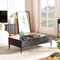 mesa de centro de madera de mango negro con 2 cajones y patas de metal