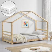 encasa cama para ninos - de pino - con colchon de espuma fria - 90cm x 200cm - cama infantil - forma de casa - madera natural - certificado oeko-tex 100