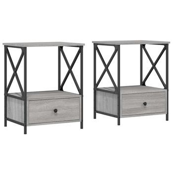 Pack 2 Uds Mesita De Noche | Mesa Auxiliar | Mesilla Madera Ingeniería Gris Sonoma 50x41x65 Cm