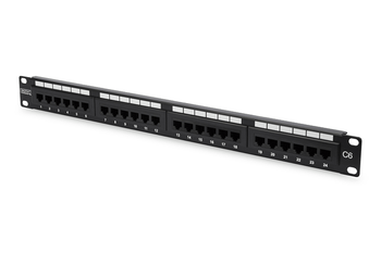 Cat 6, Class E Patch Panel, unshielded 24-port RJ45, 8P8C, LSA, 1U, rack mount, color black RAL 9005