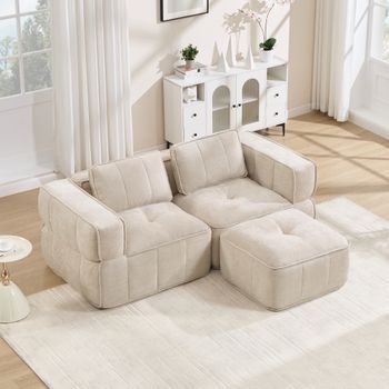 Sofá En Forma De L Modular De 2 Plazas Con Puf, Espuma De Alta Densidad 32d, Asiento Profundo, Color Beige
