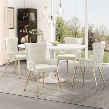 Juego de 2 sillas de comedor de terciopelo beige con patas doradas