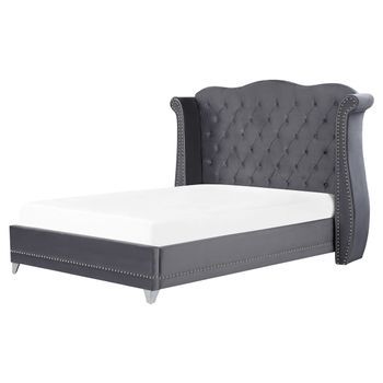 Cama Con Somier De Terciopelo Gris 160 X 200 Cm Listones Cabecero Capitoné Ayette