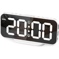 despertador digital pantalla led espejo clara grande alimentacion por cable usb electrico reloj despertador digital brillo regulable con snooze 2 puertos de carga usb incluye adaptador