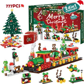 Calendario de Adviento de Navidad, caja de bloques de construcción DIY, árbol de tren de Navidad, ladrillos para niños, regalo de Navidad, caja de calendario de Adviento de 24 días