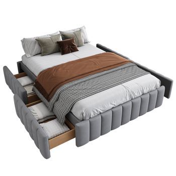 Cama Tapizada 140 X 200 Cm Con 4 Cajones - Sin Cabecero - Terciopelo - Gris