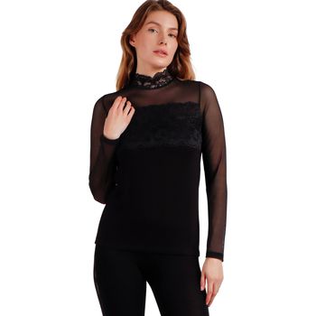 Admas Blusa Top de manga larga tul y encaje con cuello alto Christmas para mujer