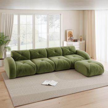 Sofá Modular En Forma De L De 4 Plazas, Chenilla Verde, Sin Montaje