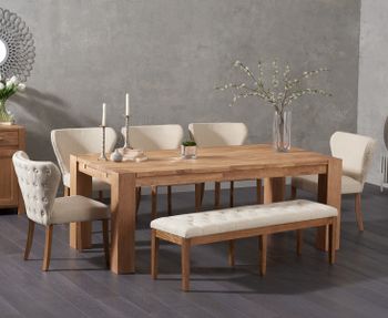 Madrid 200cm Solid Oak Dining Table with Isobel Fabric Chairs and Camille Cream Fabric Bench - Grey, 2 Chairs