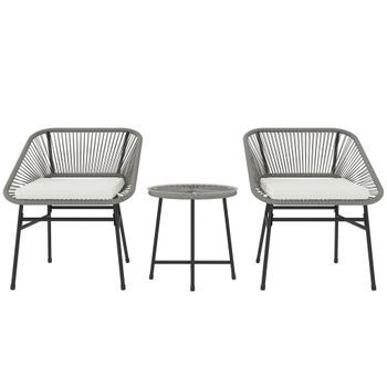 Conjunto De Muebles De Jardín De Polirratán , Conjunto De 3 Piezas Con 2 Sillas, Mesa Auxiliar Y Cojines, Para Terraza, Jardín, Patio Y Balcón, Color Gris Oscuro.