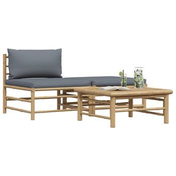 Conjunto De Muebles De Jardín 3 Uds | Mesa Y Sillas Bambú Y Cojines Gris Oscuro
