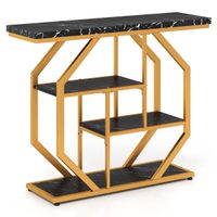 costway mesa consola moderna 4 niveles estructura metalica estantes almacenamiento superficie marmol decoracion entrada sofa negro y dorado
