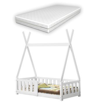 [en.casa]® Cama Para Niños De Pino - Con Colchón De Espuma Fría - Con Reja Seguridad - 140x70cm - Cama Infantil - Tipi - Carpa Indio - Blanco Mate - Certificado Oeko-tex 100 - Hecho En Ue