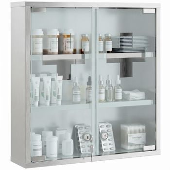 Armario Botiquín Mural De Acero Inoxidable Con Puertas De Vidrio Esmerilado, 46 X 12 X 48 Cm – Plateado