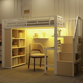 Cama Alta 90x200 Cm Con Escritorio, Librería Y Estantes - Metal + Mdf - Leds - Blanco (colchón No Incluido)