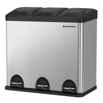 Cubo de reciclaje de 54l con 3 secciones de acero plata y negro