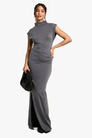 vestido midaxi fruncido con cuello alto gris