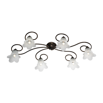 Lámpara De Techo Alice En Hierro Lacado En Marrón Con Decoración. Difusores De Oro Antiguo Y Cristal D. 14 Alabastro Blanco 6 Luces L. 99 X 50