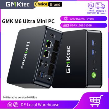 Mini PC GMKtec M6 Ultra, AMD Ryzen5 7640HS, 16GB RAM, 512GB SSD PCIe3.0, Windows 11 Pro, Doble LAN 2.5G, Computadora de Escritorio