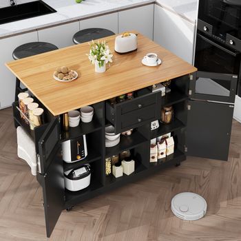 Isla De Cocina, Carrito De Comedor, Vetas De Madera, Puertas De Armario 3d, Tabiques Ajustables, Negro
