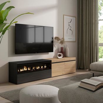 Mueble tv efecto madera roble y negro 200x35x45 chimenea efecto fuego