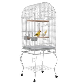 PawHut Jaula de Pájaros con Ruedas Jaula de Aves Exterior con Bandeja Extraíble Rejilla 2 Cuencos Percha 51x51x153 cm Blanco   Aosom España