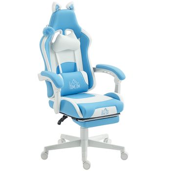 HOMCOM Silla Gaming Reclinable con Reposapiés y Cojines, en Polipiel y Espuma, 65x62x116-124 cm, Blanco y Rosa