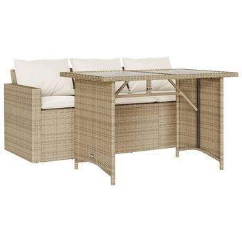 Set Comedor De Jardín 2 Uds | Mueble Jardin Mesa Y Sillas Con Cojines Ratán Sintético Beige