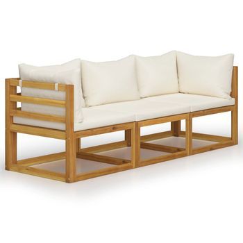 Sofá Jardín 3 Plazas Con Cojín Madera Maciza Acacia Color Crema Vidaxl