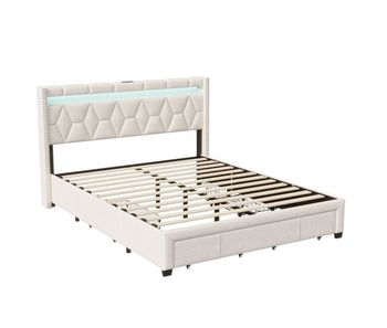 Cama doble tapizada (160x200 cm), 4 cajones y led, cabecero con función de carga usb, canapé con somier de láminas de madera, cama juvenil con respaldo, beige