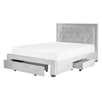 Cama Con Almacenaje De Terciopelo Gris Claro 140 X 200 Cm Cajones Cabecero Alto Capitoné Glamuroso Lievin