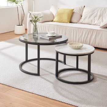 Set De 2 Mesas Nido Kokkola Ø70x43 Cm - Vidrio Ahumado/efecto Mármol Blanco [en.casa]