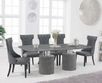 antonio 220cm grey marble table with freya chairs - black 6 chairs