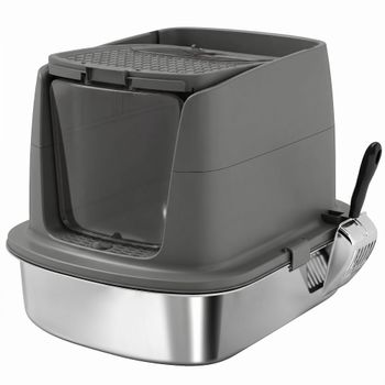 PawHut Arenero grande de acero inoxidable, bandeja cerrada para arena con pala metálica y bolsa desodorizante, gris oscuro