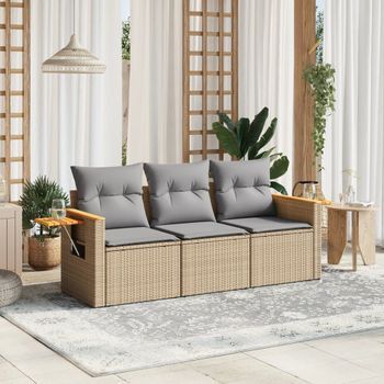 Conjunto De Sofás De Jardín Con Cojines Beige 3 Uds | Mueble Jardin Mesa Y Sillas Ratán Pe Cfw351177