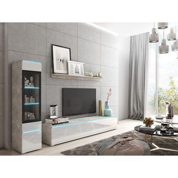 Conjunto De Muebles De Salón Vera I, Juego De Muebles De Salón, Mueble De Televisión, Con Iluminación Led, Color Hormigón/blanco Brillo