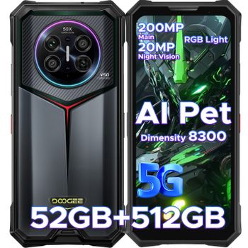Teléfono Resistente DOOGEE V50 AI 5G, 52GB RAM (16+36), 512GB ROM, Dimensity 8300, Cámara de 200MP, Cámara de Visión Nocturna de 20MP, Android 16, Compatible con Walkie Talkie, Luz Ambiental RGB