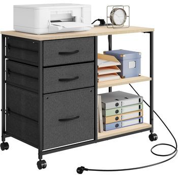 Pedestal De Oficina Con Ruedas, Estación De Carga, Armario Para Impresora, 2 Tomas De Corriente, 2 Puertos Usb, Roble Claro.