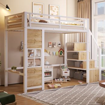 Litera Alta Infantil De 90x200 Cm Con Estructura Metálica Y Escalera De Almacenamiento