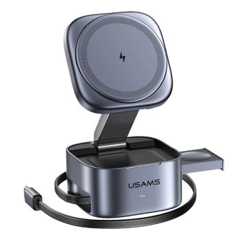 USAMS CD257 Qi2.0 Cargador Inalámbrico Magnético 3-en-1 de 15W Estación de Carga Inalámbrica Rápida con Cable Retráctil