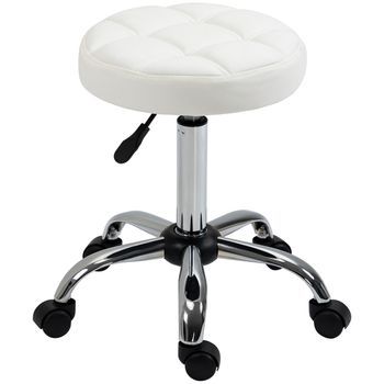Taburete Con Ruedas Blanco, Taburete Giratorio Regulable En Altura De Cuero Sintético, Soporta 120 Kg