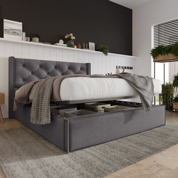 Cama Contenedor 140x200 Cm Acolchada De Algodón, Somier Incluido, Gris Oscuro