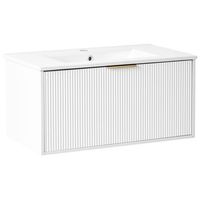 mueble de bano suspendido con lavabo de madera sintetica almacenaje 80 cm blanco con tirador dorado tilcara