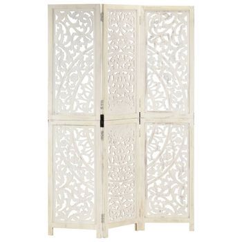 Biombo 3 Paneles Tallado A Mano Madera Mango Blanco 120x165 Cm Vidaxl