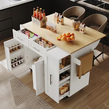 Isla De Cocina Blanca De 110 Cm Con Mesa Plegable Y Almacenamiento