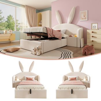 Cama Hidráulica Tapizada De 90x200 Cm En Terciopelo Beige.